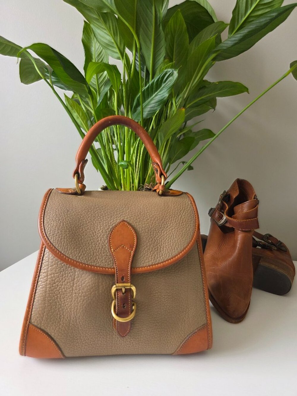 Vintage Dooney & Bourke AWL Small Carpet Bag Satchel Taupe